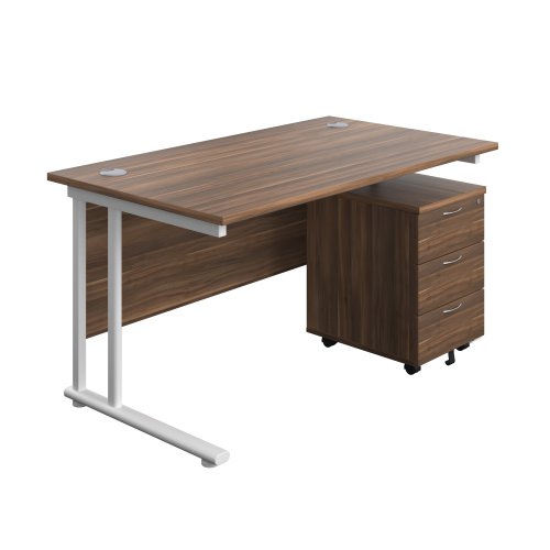 Twin Upright Rectangular Desk + Mobile 3 Drawer Pedestal 1400X800 Dark Walnut/White