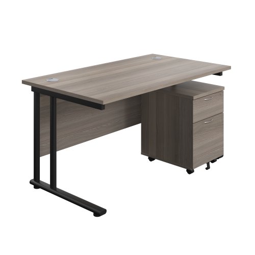 Twin Upright Rectangular Desk + Mobile 2 Drawer Pedestal (FSC) 1400X800 Grey Oak/Black