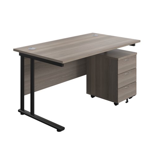Twin Upright Rectangular Desk + Mobile 3 Drawer Pedestal (FSC) 1400X800 Grey Oak/Black