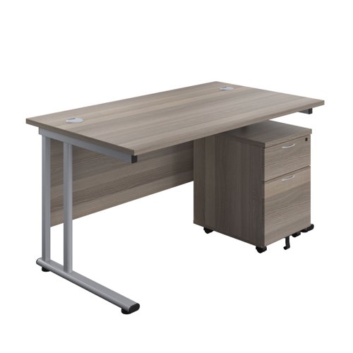 Twin Upright Rectangular Desk + Mobile 2 Drawer Pedestal (FSC) 1400X800 Grey Oak/Silver