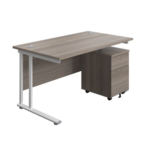 Twin Upright Rectangular Desk + Mobile 2 Drawer Pedestal 1400X800 Grey Oak/White