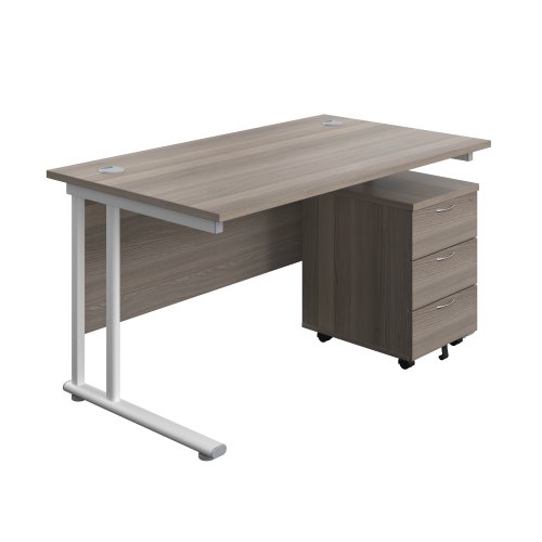 Twin Upright Rectangular Desk + Mobile 3 Drawer Pedestal 1400X800 Grey Oak/White