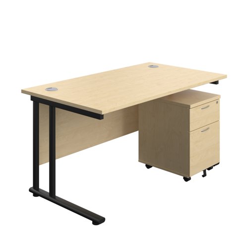 Twin Upright Rectangular Desk + Mobile 2 Drawer Pedestal (FSC) 1400X800 Maple/Black
