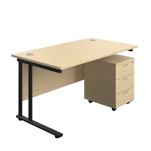 Twin Upright Rectangular Desk + Mobile 3 Drawer Pedestal (FSC) 1400X800 Maple/Black