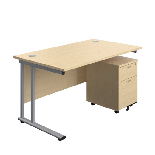 Twin Upright Rectangular Desk + Mobile 2 Drawer Pedestal (FSC) 1400X800 Maple/Silver