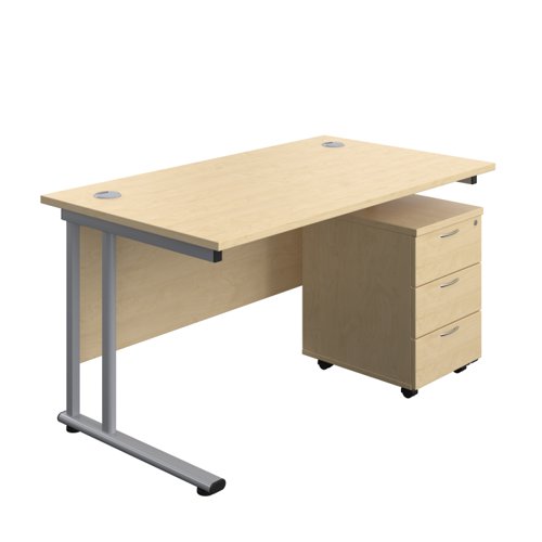 Twin Upright Rectangular Desk + Mobile 3 Drawer Pedestal (FSC) 1400X800 Maple/Silver