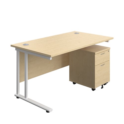 Twin Upright Rectangular Desk + Mobile 2 Drawer Pedestal (FSC) 1400X800 Maple/White