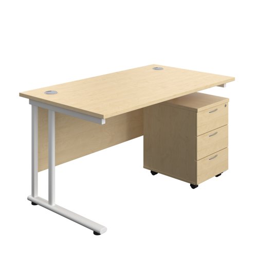 Twin Upright Rectangular Desk + Mobile 3 Drawer Pedestal (FSC) 1400X800 Maple/White