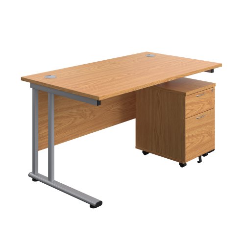 Twin Upright Rectangular Desk + Mobile 2 Drawer Pedestal 1400X800 Nova Oak/Silver