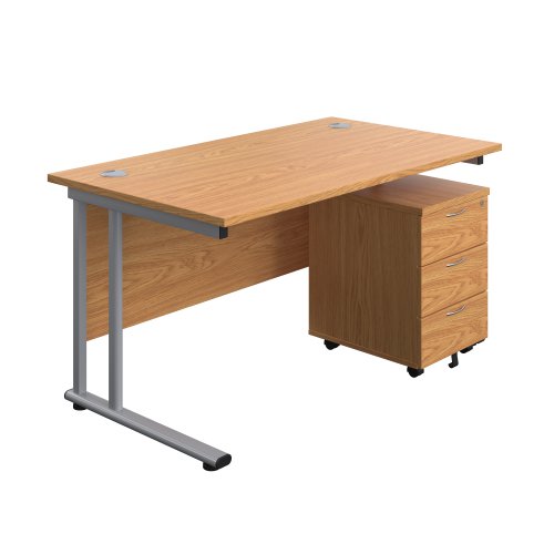 Twin Upright Rectangular Desk + Mobile 3 Drawer Pedestal 1400X800 Nova Oak/Silver