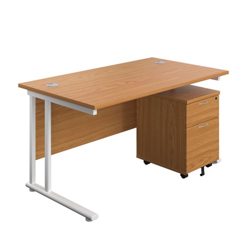 Twin Upright Rectangular Desk + Mobile 2 Drawer Pedestal (FSC) 1400X800 Nova Oak/White