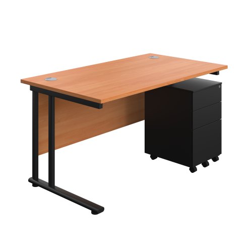 Twin Upright Rectangular Desk + Under Desk Steel Pedestal 3 Drawers (FSC) 1400X800 Beech/Black