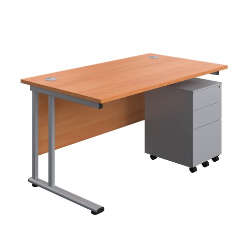 Twin Upright Rectangular Desk + Under Desk Steel Pedestal 3 Drawers (FSC) 1400X800 Beech/Silver