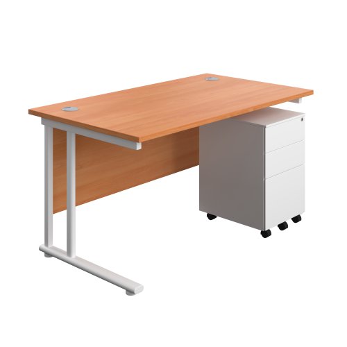Twin Upright Rectangular Desk + Under Desk Steel Pedestal 3 Drawers (FSC) 1400X800 Beech/White
