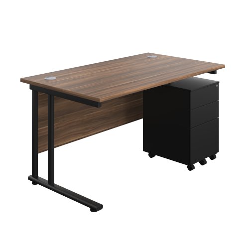 Twin Upright Rectangular Desk + Under Desk Steel Pedestal 3 Drawers (FSC) 1400X800 Dark Walnut/Black