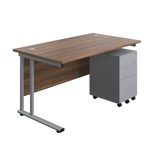 Twin Upright Rectangular Desk + Under Desk Steel Pedestal 3 Drawers (FSC) 1400X800 Dark Walnut/Silver