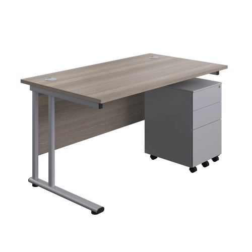 Twin Upright Rectangular Desk + Under Desk Steel Pedestal 3 Drawers (FSC) 1400X800 Grey Oak/Silver