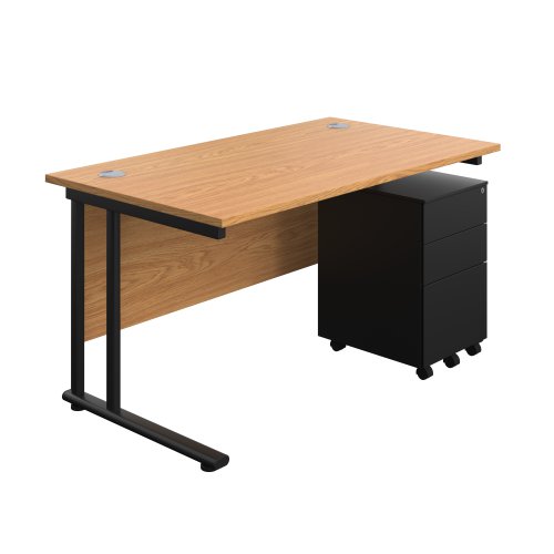 Twin Upright Rectangular Desk + Under Desk Steel Pedestal 3 Drawers (FSC) 1400X800 Nova Oak/Black