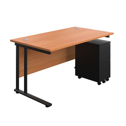Twin Upright Rectangular Desk + Slimline Steel Pedestal 3 Drawers (FSC) 1400X800 Beech/Black