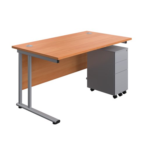 Twin Upright Rectangular Desk + Slimline Steel Pedestal 3 Drawers (FSC) 1400X800 Beech/Silver