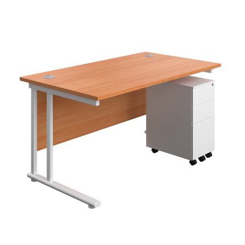 Twin Upright Rectangular Desk + Slimline Steel Pedestal 3 Drawers (FSC) 1400X800 Beech/White