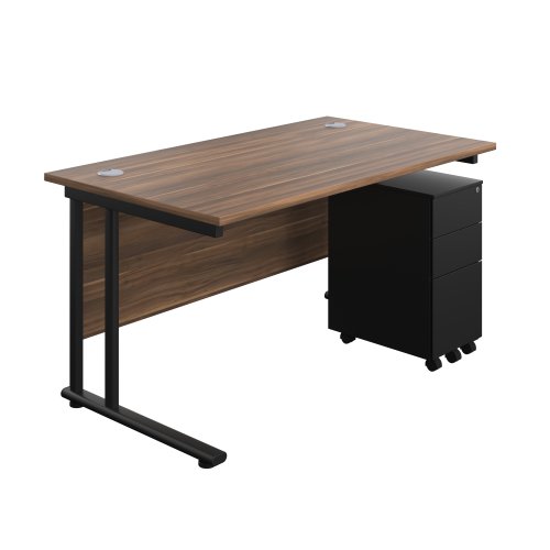 Twin Upright Rectangular Desk + Slimline Steel Pedestal 3 Drawers (FSC) 1400X800 Dark Walnut/Black