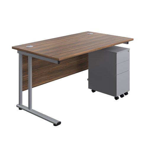Twin Upright Rectangular Desk + Slimline Steel Pedestal 3 Drawers (FSC) 1400X800 Dark Walnut/Silver