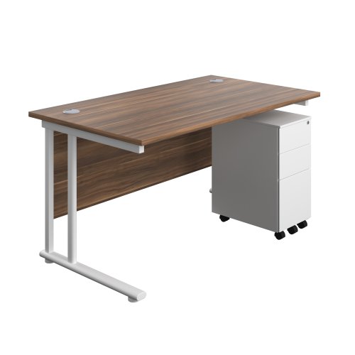 Twin Upright Rectangular Desk + Slimline Steel Pedestal 3 Drawers (FSC) 1400X800 Dark Walnut/White