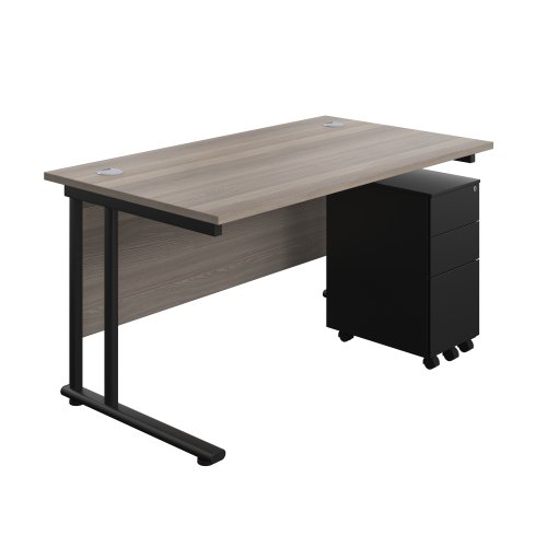 Twin Upright Rectangular Desk + Slimline Steel Pedestal 3 Drawers (FSC) 1400X800 Grey Oak/Black