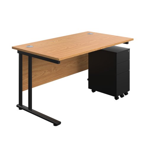 Twin Upright Rectangular Desk + Slimline Steel Pedestal 3 Drawers (FSC) 1400X800 Nova Oak/Black