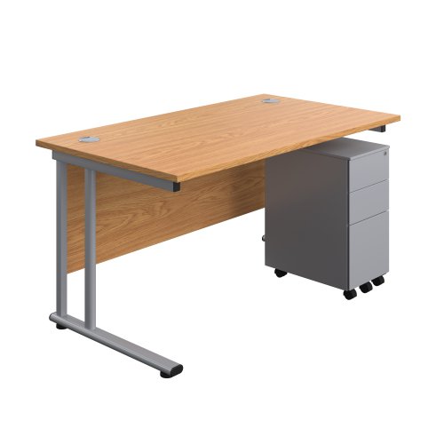 Twin Upright Rectangular Desk + Slimline Steel Pedestal 3 Drawers (FSC) 1400X800 Nova Oak/Silver