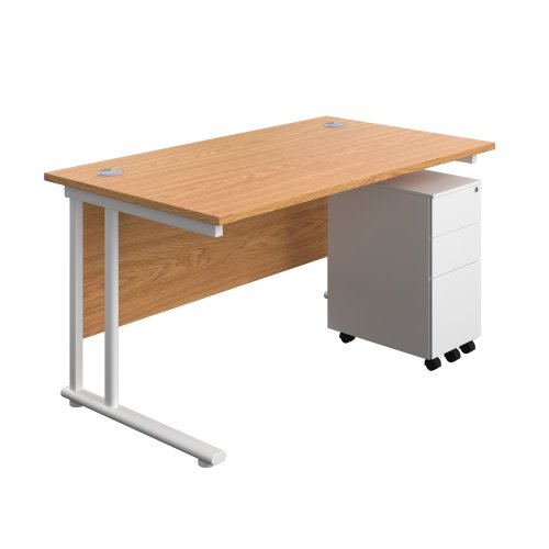 Twin Upright Rectangular Desk + Slimline Steel Pedestal 3 Drawers (FSC) 1400X800 Nova Oak/White