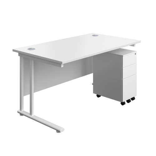 Twin Upright Rectangular Desk + Slimline Steel Pedestal 3 Drawers (FSC) 1400X800 White/White