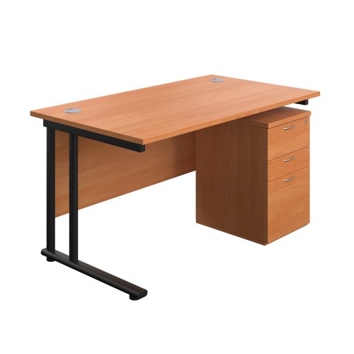 Twin Upright Rectangular Desk + High Mobile Pedestal 3 Drawer (FSC) 1400X800 Beech/Black