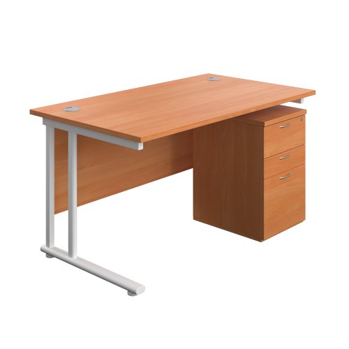 Twin Upright Rectangular Desk + High Mobile Pedestal 3 Drawer (FSC) 1400X800 Beech/White