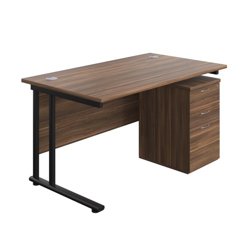 Twin Upright Rectangular Desk + High Mobile Pedestal 3 Drawer (FSC) 1400X800 Dark Walnut/Black