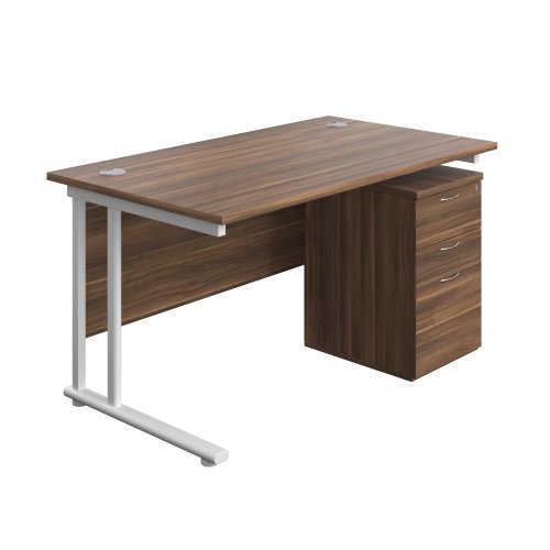Twin Upright Rectangular Desk + High Mobile Pedestal 3 Drawer (FSC) 1400X800 Dark Walnut/White