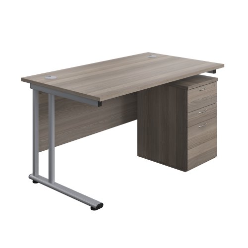 Twin Upright Rectangular Desk + High Mobile Pedestal 3 Drawer (FSC) 1400X800 Grey Oak/Silver