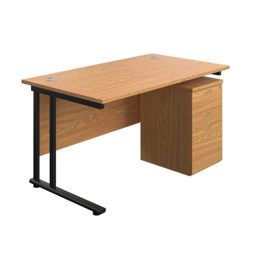 Twin Upright Rectangular Desk + High Mobile Pedestal 3 Drawer (FSC) 1400X800 Nova Oak/Black