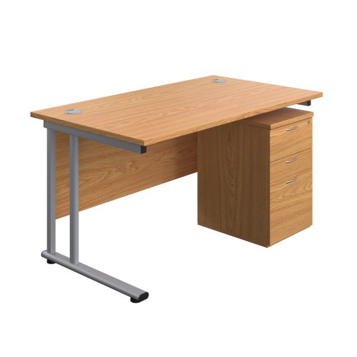 Twin Upright Rectangular Desk + High Mobile Pedestal 3 Drawer (FSC) 1400X800 Nova Oak/Silver