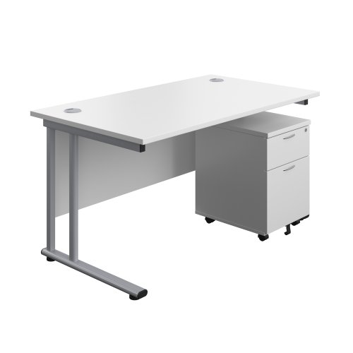 Twin Upright Rectangular Desk + Mobile 2 Drawer Pedestal 1400X800 White/Silver