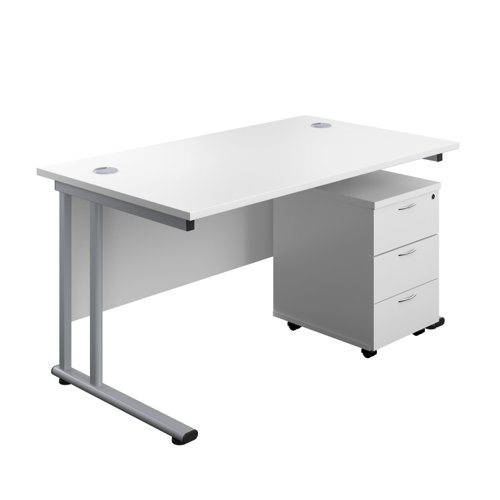 Twin Upright Rectangular Desk + Mobile 3 Drawer Pedestal (FSC) 1400X800 White/Silver