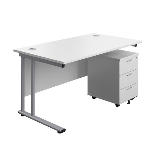 Twin Upright Rectangular Desk + Mobile 3 Drawer Pedestal 1400X800 White/Silver