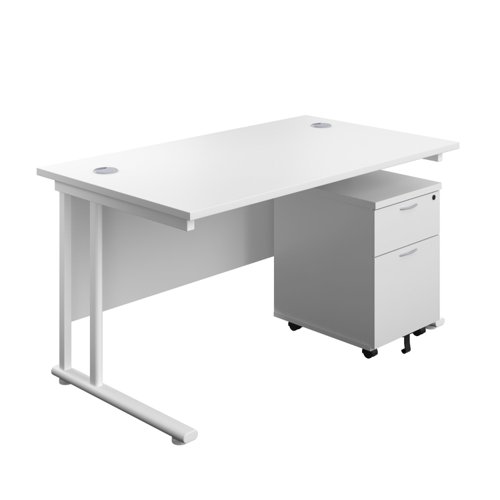Twin Upright Rectangular Desk + Mobile 2 Drawer Pedestal (FSC) 1400X800 White/White