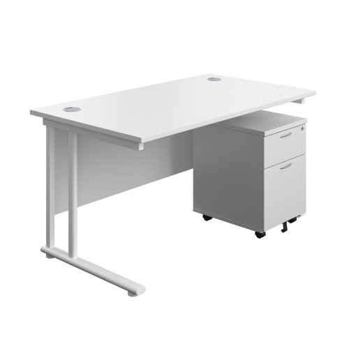 Twin Upright Rectangular Desk + Mobile 2 Drawer Pedestal 1400X800 White/White