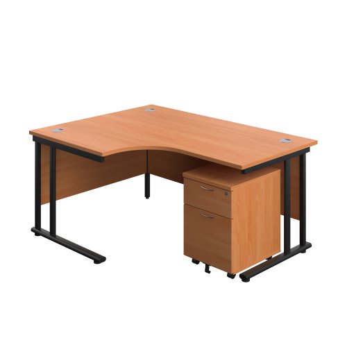 Twin Upright Left Hand Radial Desk + Mobile 2 Drawer Pedestal (FSC) 1600X1200 Beech/Black