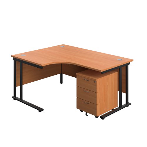 Twin Upright Left Hand Radial Desk + Mobile 3 Drawer Pedestal (FSC) 1600X1200 Beech/Black
