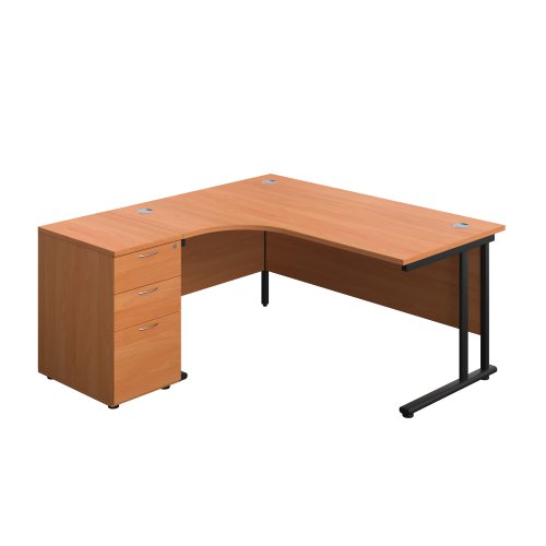 Twin Upright Left Hand Radial Desk + Desk High 3 Drawer Pedestal (FSC) 1600X1200 600mm Deep Pedestal Beech/Black