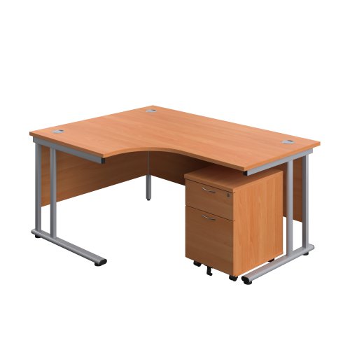 Twin Upright Left Hand Radial Desk + Mobile 2 Drawer Pedestal (FSC) 1600X1200 Beech/Silver