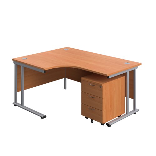 Twin Upright Left Hand Radial Desk + Mobile 3 Drawer Pedestal (FSC) 1600X1200 Beech/Silver